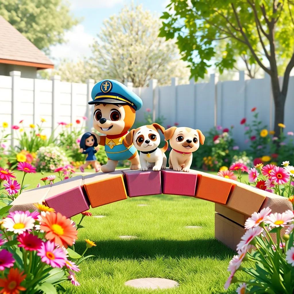 Captain Cuddles and friends crossing a bridge made of toy blocks in a bright backyard, surrounded by flowers, cheerful puppy sniffing flowers, bright sunny day, colorful garden, vibrant atmosphere, high quality