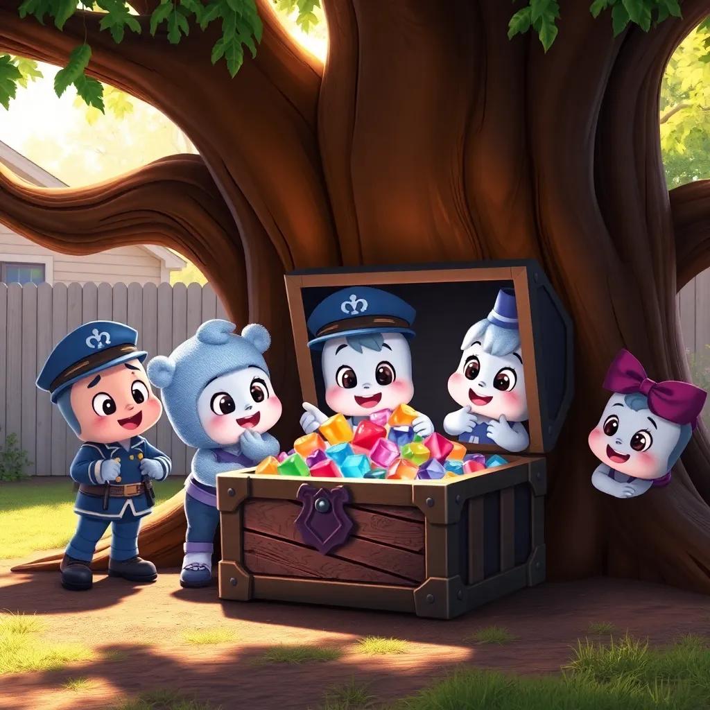 Captain Cuddles and friends discovering a treasure chest under an oak tree, excited expressions as they open it to reveal colorful candy jewels, sunlit backyard, adventurous spirit, warm light, enchanting scene, high quality