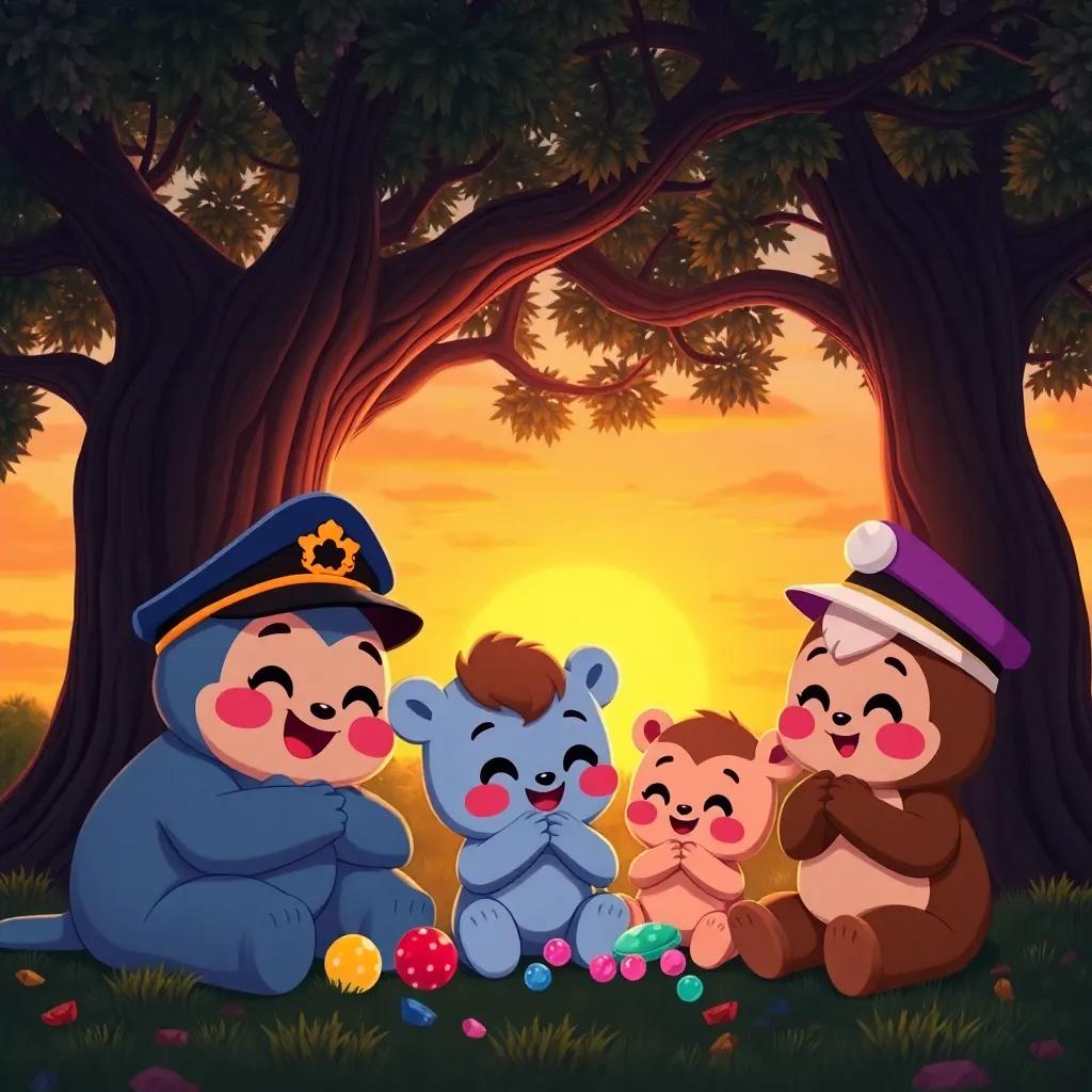 Captain Cuddles and friends sitting under an oak tree at sunset, savoring candy jewels, warm colors of the sky, expressions of joy and friendship, peaceful atmosphere, high quality