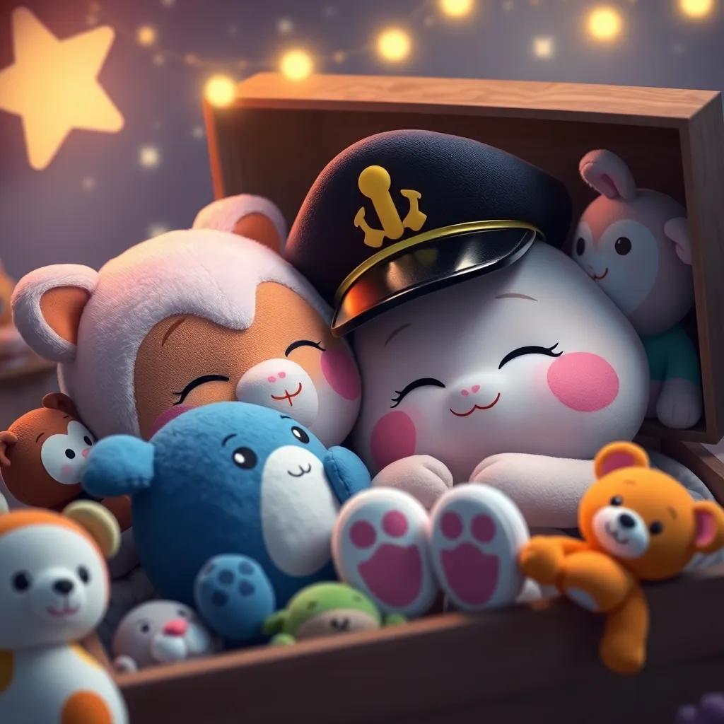 Plush friends, including Captain Cuddles, snuggled up in a toy box, dreamy expressions, surrounding cozy toys, soft colors, night time ambiance, imaginative scene, high quality