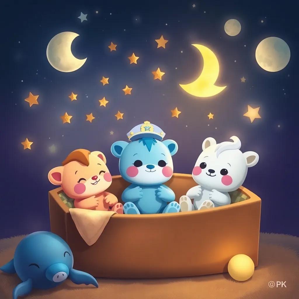 Captain Cuddles and friends dreaming of their next adventure in the toy box, with stars and moons around them, cozy and imaginative atmosphere, soft colors, whimsical art style, high quality