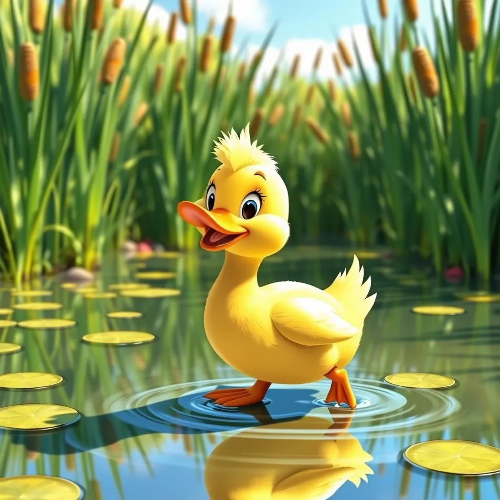 A cheerful little duck named Daisy, waddling around a lovely pond with tall green reeds, sunny day, vibrant colors, digital art, cheerful atmosphere, high quality