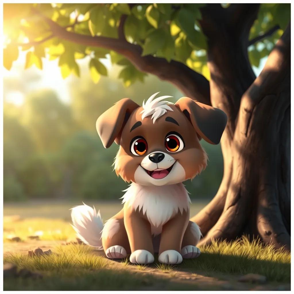 A fluffy dog named Benny with big brown eyes, sitting under a shady tree with a wagging tail, bright sunlight filtering through leaves, joyful scene, digital art, warm colors, high quality
