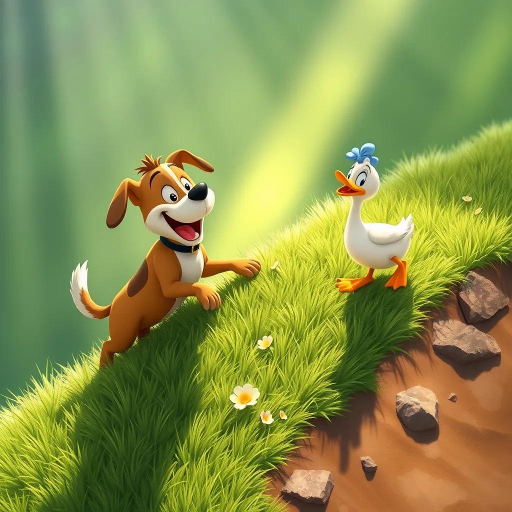 Benny the dog and Daisy the duck climbing a steep grassy hill, both laughing and playing, sunlight pouring down, lively scene, digital art, bright colors, high quality