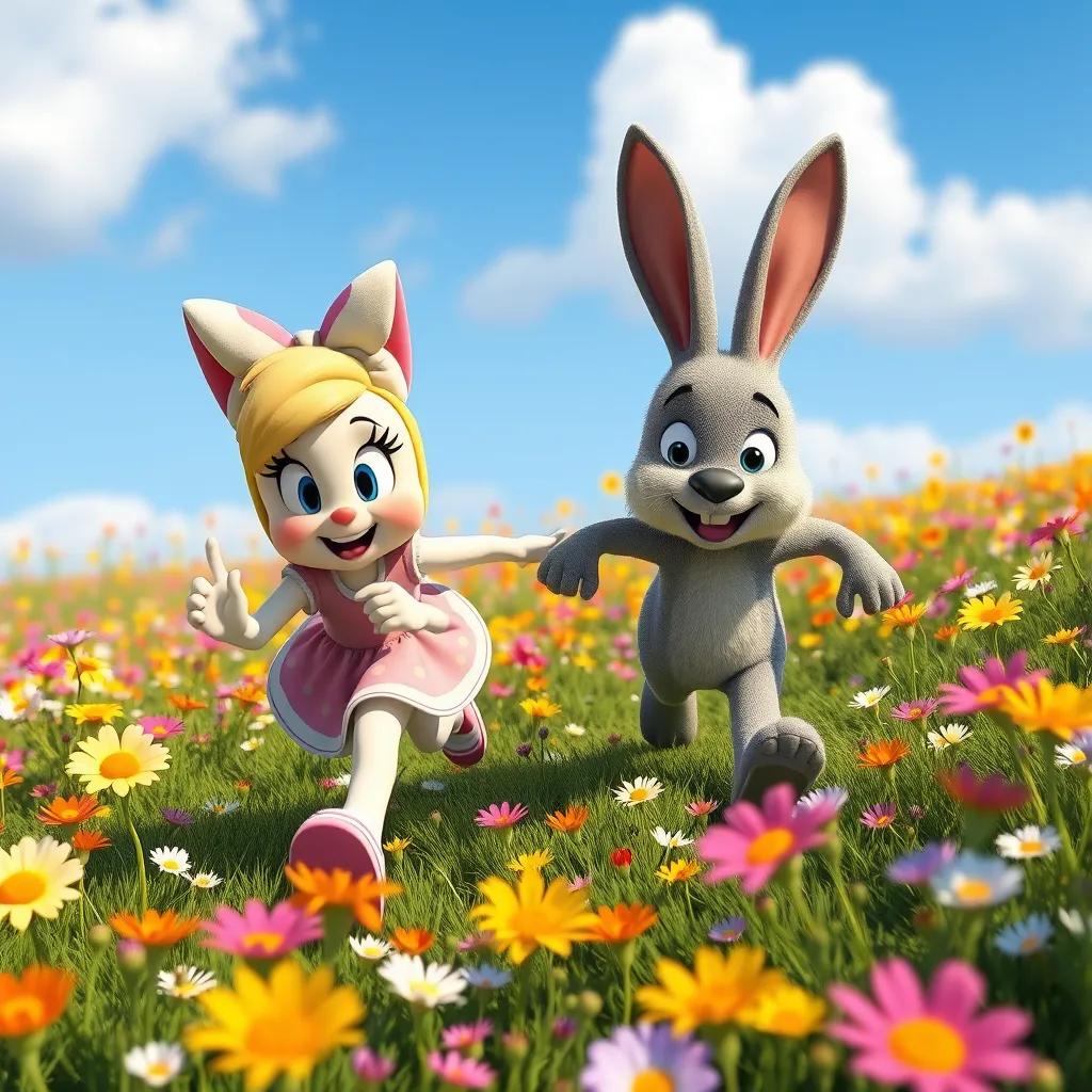 Daisy and Benny running through a colorful flower meadow, full of bright flowers, both looking joyful, sunny day with blue sky, digital art, vibrant atmosphere, high quality