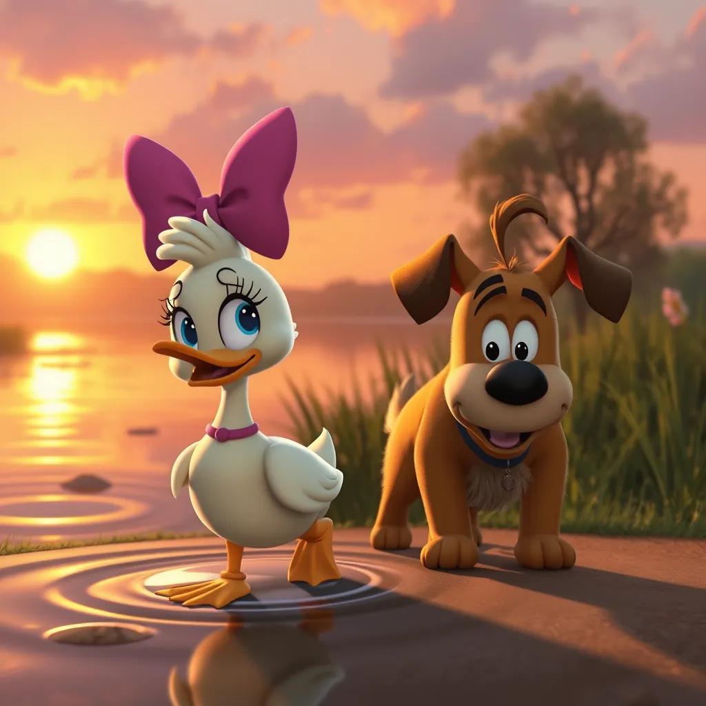 Daisy the duck and Benny the dog returning to the pond at sunset, tired but happy faces, warm glow of sunset, heartwarming scene, digital art, rich colors, high quality