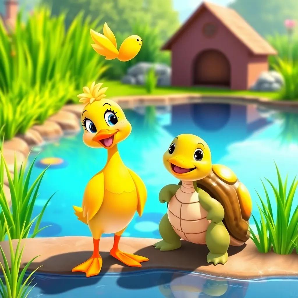 A cheerful duck, Daisy, with bright yellow feathers standing by a pond with vibrant green grass, and a smiling turtle, Tommy, with a shiny shell, ready to race, illustration, colorful, sunny day, friendly atmosphere, engaging perspective, high quality