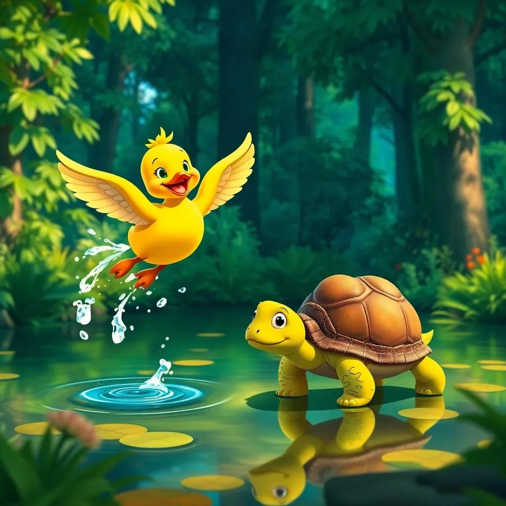 Daisy, the cheerful yellow duck, flying happily above the pond, with splashes of water as she flaps her wings and Tommy, the turtle with a lovely shell, slowly walking through the vivid green forest, whimsical, bright colors, dynamic scene, high quality