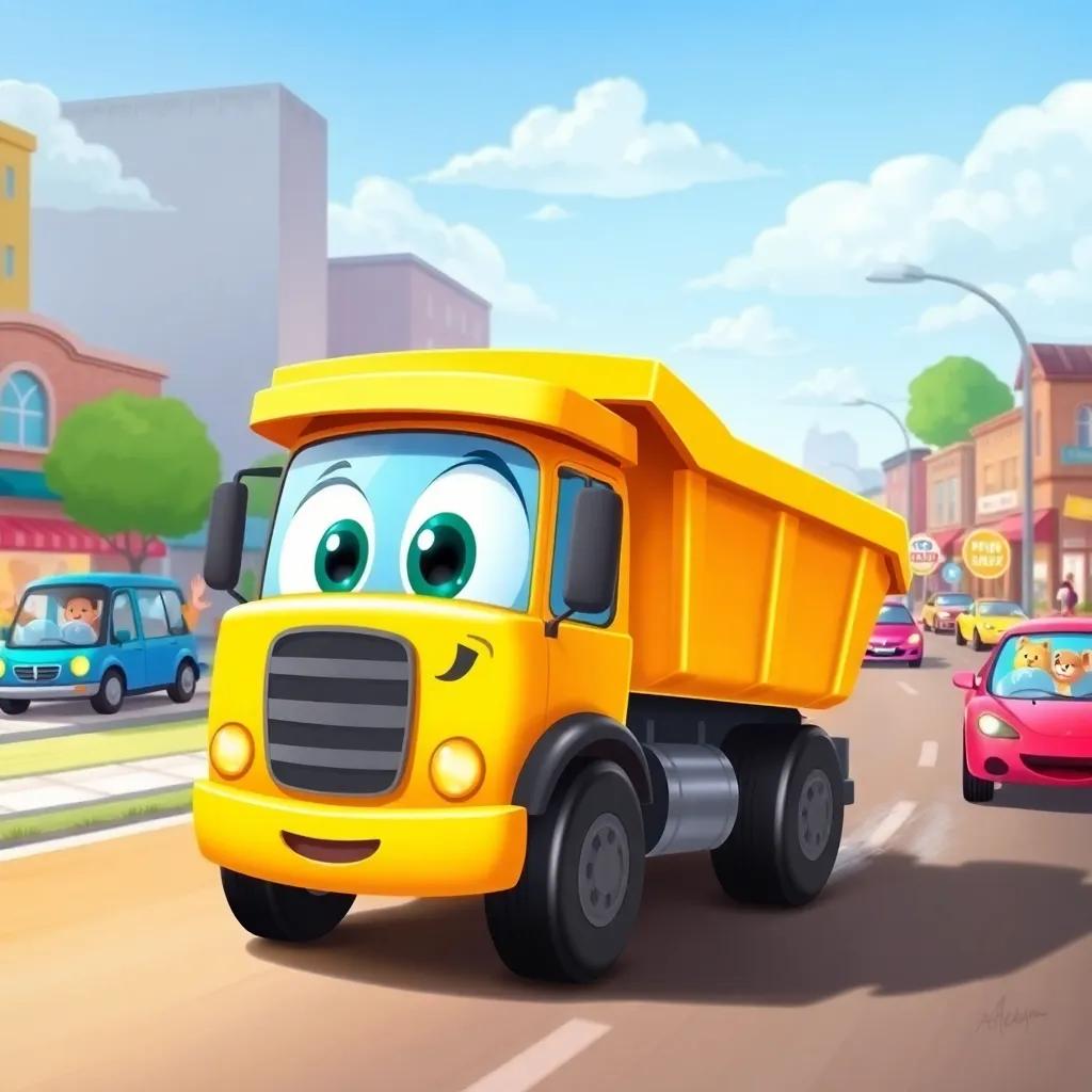 A bright yellow dump truck named Danny with big smiling eyes, zooming down a busy town road with colorful cars and cheerful animals waving, digital art, lively atmosphere, soft lighting, cartoonish style, cheerful colors, high quality