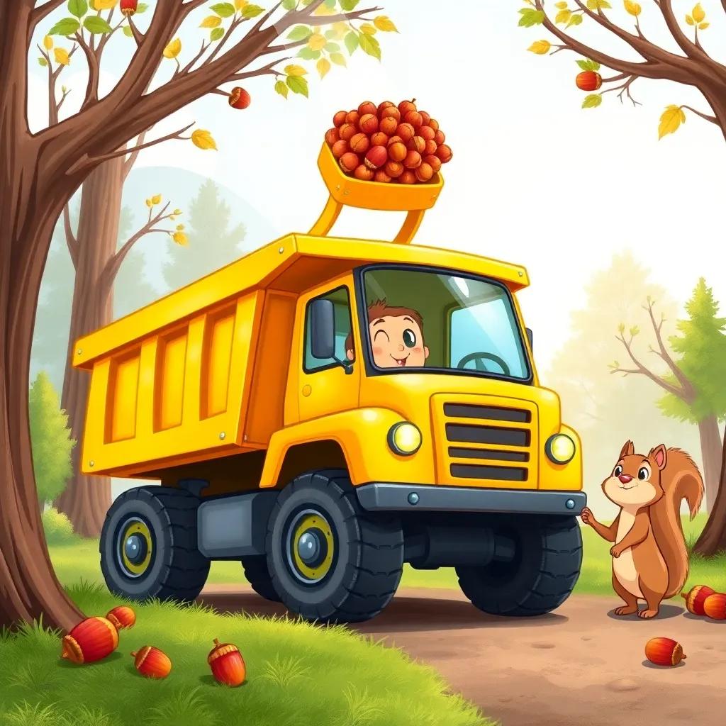 Danny, the big yellow dump truck happily scooping up acorns with Sally the Squirrel at his side, surrounded by trees and other friendly characters, illustration, vibrant colors, warm light, engaging perspective, cheerful quality