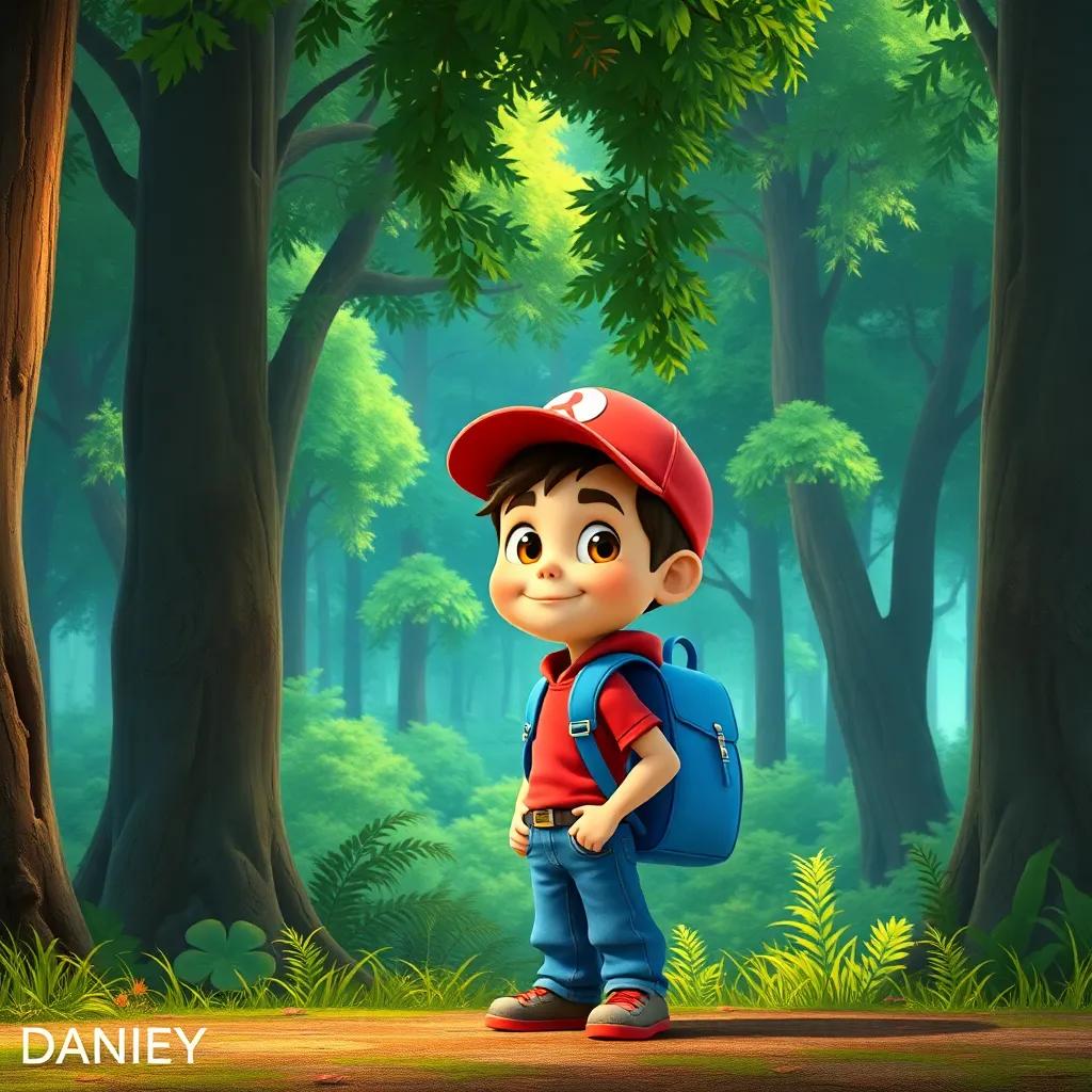 A brave boy named Danny, wearing a bright red cap and a blue backpack, standing at the edge of a big green forest, digital art, vibrant colors, cheerful atmosphere, high quality