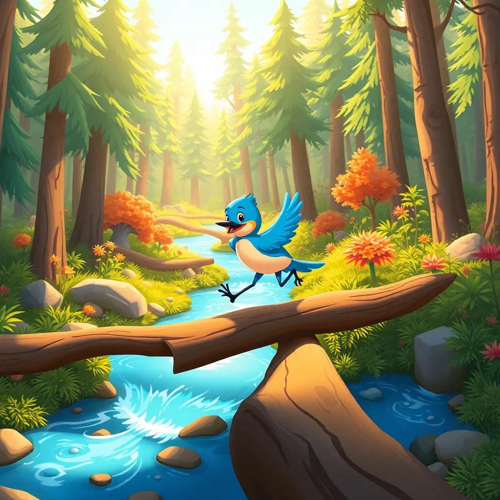 Danny following a little bluebird, hopping over logs and skipping across streams in a colorful forest, lively illustration, warm sunlight, whimsical, adventure-themed
