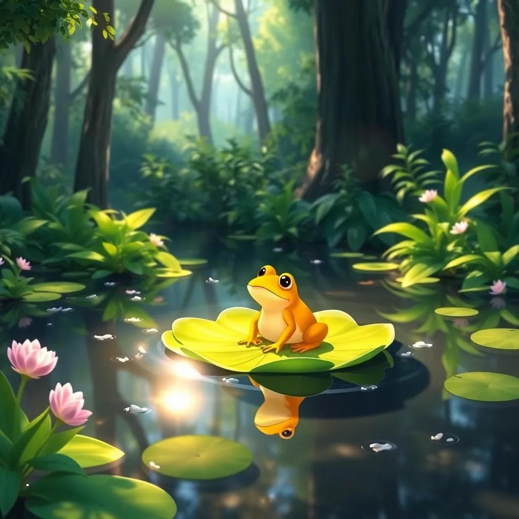 A sparkling pond in the forest with a magical golden frog sitting on a lily pad, surrounded by lush greenery, enchanting illustration, bright colors, inviting atmosphere, high quality