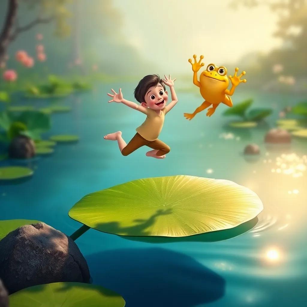 Danny leaping onto a lily pad, ready to jump across the shimmering pond featuring the golden frog waving goodbye, dynamic scene, cheerful colors, fantasy