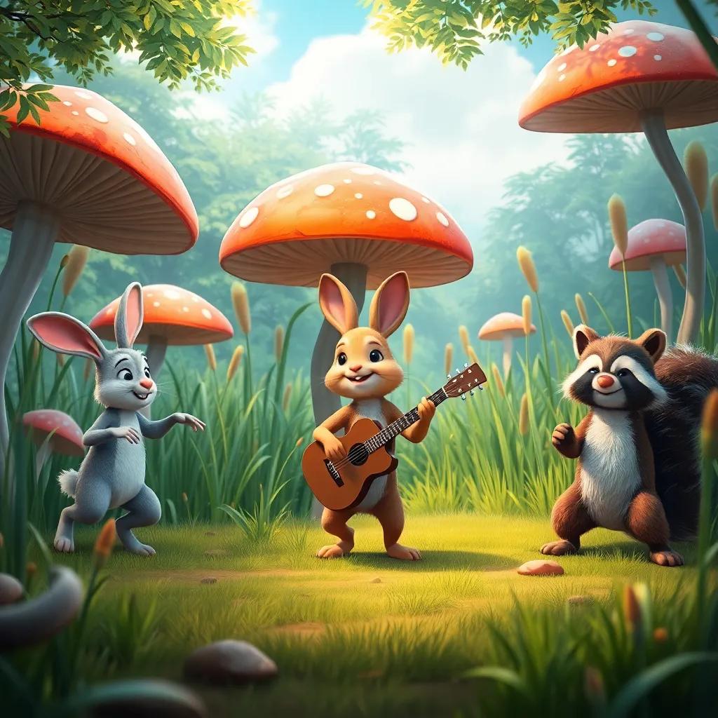 A clearing filled with giant mushrooms and tall grasses, with a dancing rabbit, guitar-playing squirrel, and swaying raccoon, vibrant party scene, joyful atmosphere, child-friendly