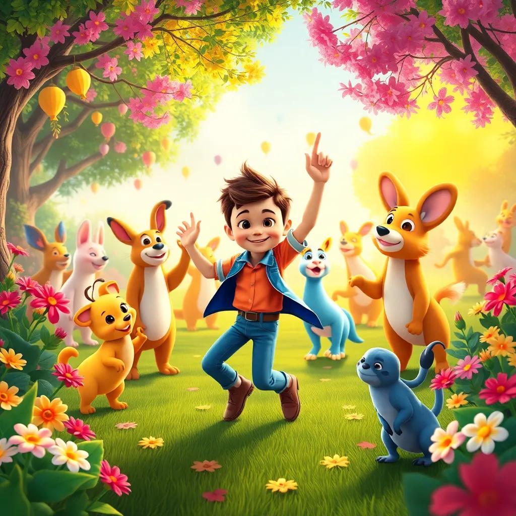 Danny dancing with friendly animals during a magical party, surrounded by colorful flowers and trees, lively atmosphere, bright and cheerful, high quality