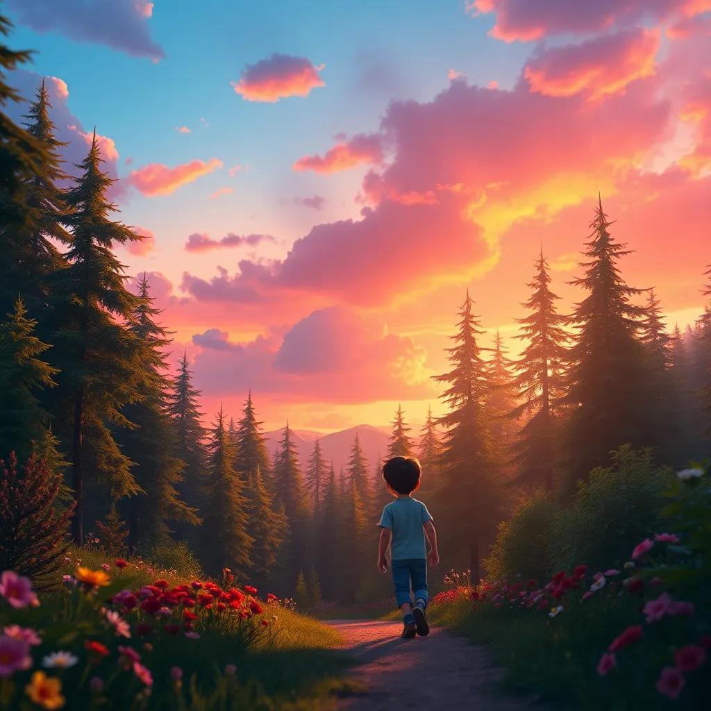 The colorful sunset sky over Danny walking home through the forest, filled with trees and flowers, peaceful and warm colors, soft focus, high quality