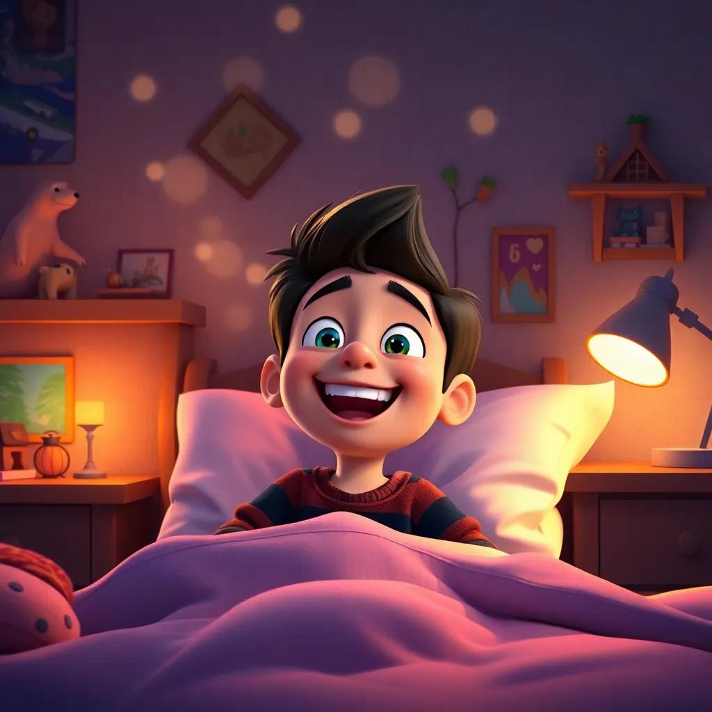 Danny, excited and happy, dreaming in bed with a smile on his face, surrounded by adventure-themed decorations in his room, cozy atmosphere, warm light, inviting scene