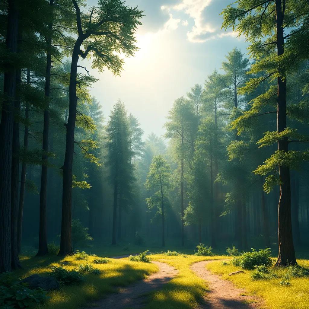 A picturesque forest landscape with rays of light shining through the trees, representing dreams and adventures to come, soothing colors, serene atmosphere, high quality