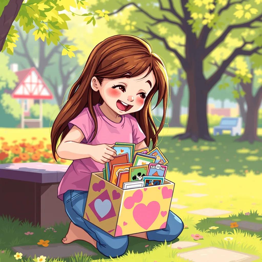 A young girl, Mia, an 8-year-old with long brown hair, wearing a pink t-shirt and blue jeans, excitedly opening a colorful box full of cards in a sunny park, digital art, vibrant colors, cheerful atmosphere, high quality