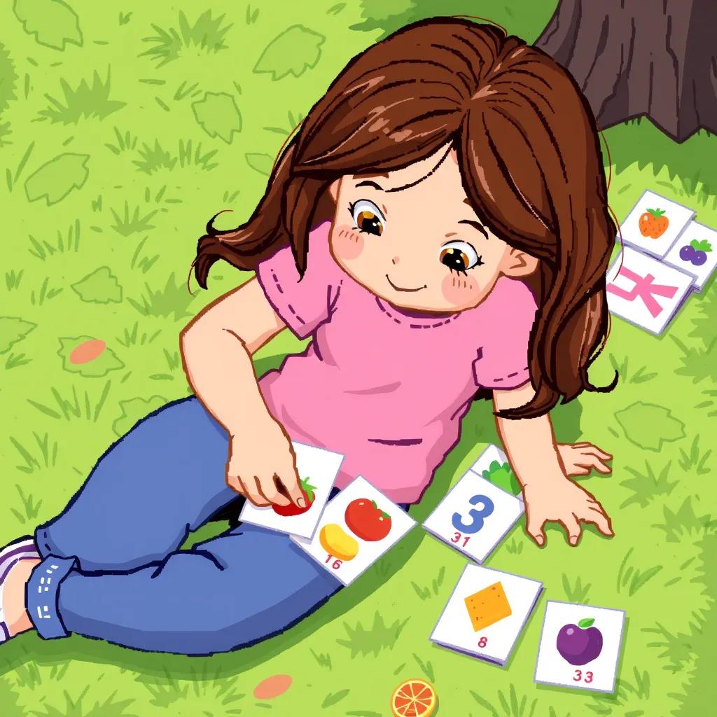 Mia, an 8-year-old girl with long brown hair, wearing a pink t-shirt and blue jeans, carefully sorting colorful cards on the grass, with fruit, shapes, and numbers, illustration, playful, bright colors, engaging