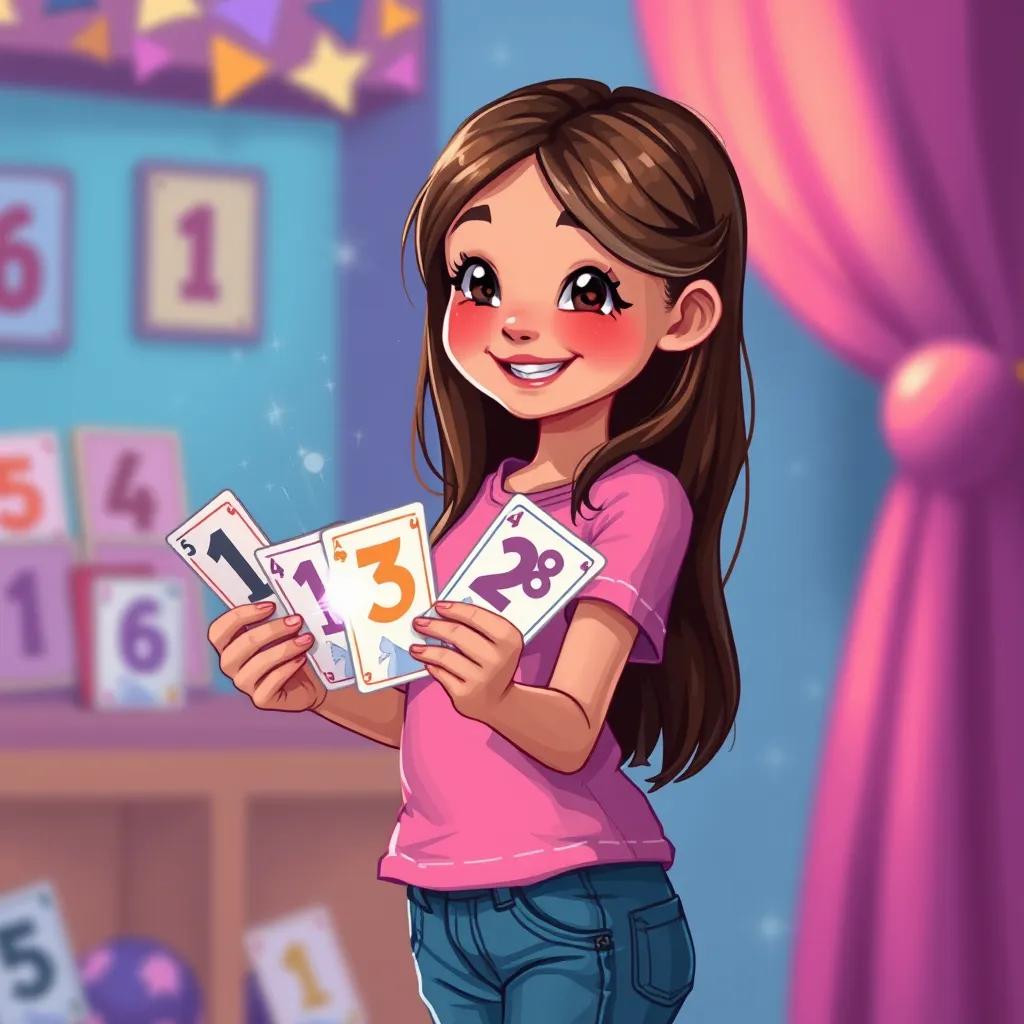 Mia, an 8-year-old girl, with long brown hair in a pink t-shirt and blue jeans, smiling as she admires patterned cards, with a sparkle effect on number cards, digital painting, colorful, magical atmosphere, child-friendly
