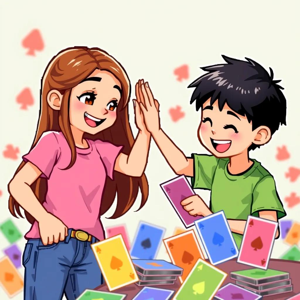 Mia, an 8-year-old girl, with long brown hair in a pink t-shirt and blue jeans, high-fiving her friend Leo, an 8-year-old boy with short black hair, wearing a green shirt, surrounded by colorful cards, joyful moment, bright background