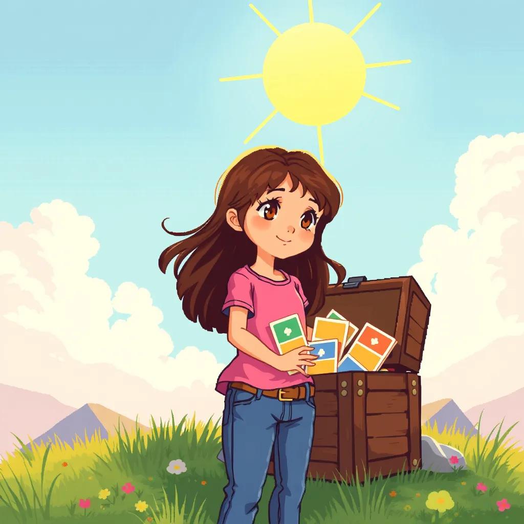 Mia, an 8-year-old girl, with long brown hair in a pink t-shirt and blue jeans, imagining a treasure chest full of bright cards under the sunny sky, illustration, whimsical, adventurous theme, captivating
