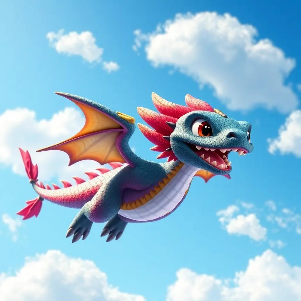A splendid dragon named Diddy with shimmering scales in various colors, soaring through a bright blue sky with fluffy white clouds, digital art, vibrant colors, joyful atmosphere, high quality
