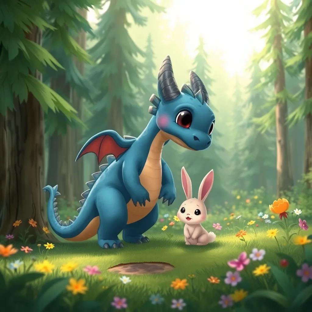 Diddy the dragon landing gently by a sad little rabbit in a forest, surrounded by green trees and colorful flowers, illustration, heartwarming scene, soft light, child-friendly quality