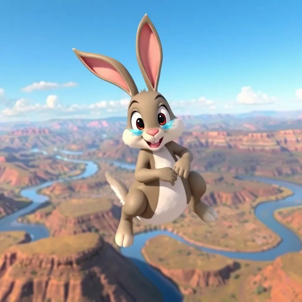 The rabbit with big teary eyes on Diddy's back, flying together above beautiful landscapes with rivers and hills, cheerful, adventure-themed, bright colors, high quality