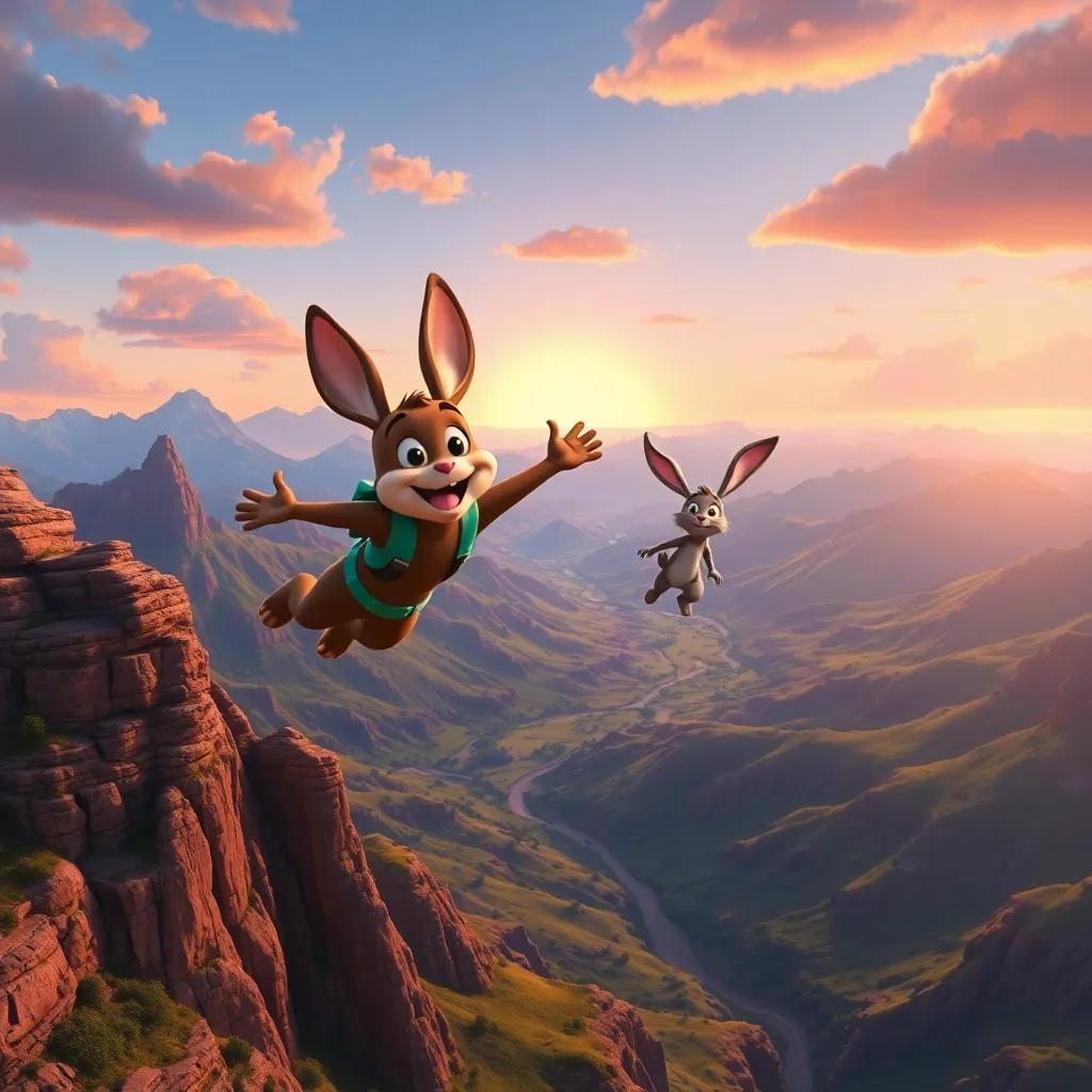Diddy and the rabbit flying over valleys and mountains with a sunset backdrop, showcasing the beauty of the adventure, colorful, magical atmosphere, high quality