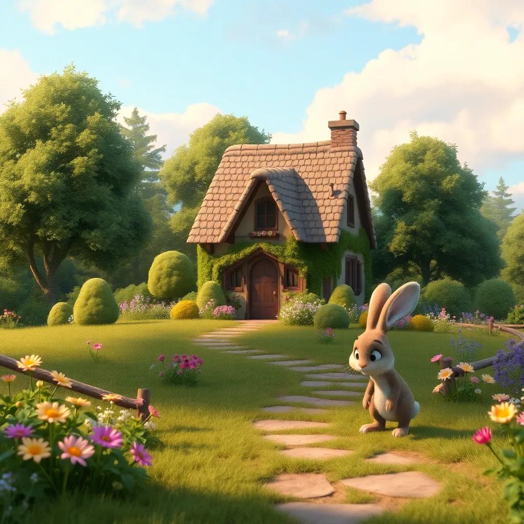 The rabbit's cottage appears in the distance as Diddy lands gently, a cozy home surrounded by trees and flowers, warm light, inviting scene, high quality