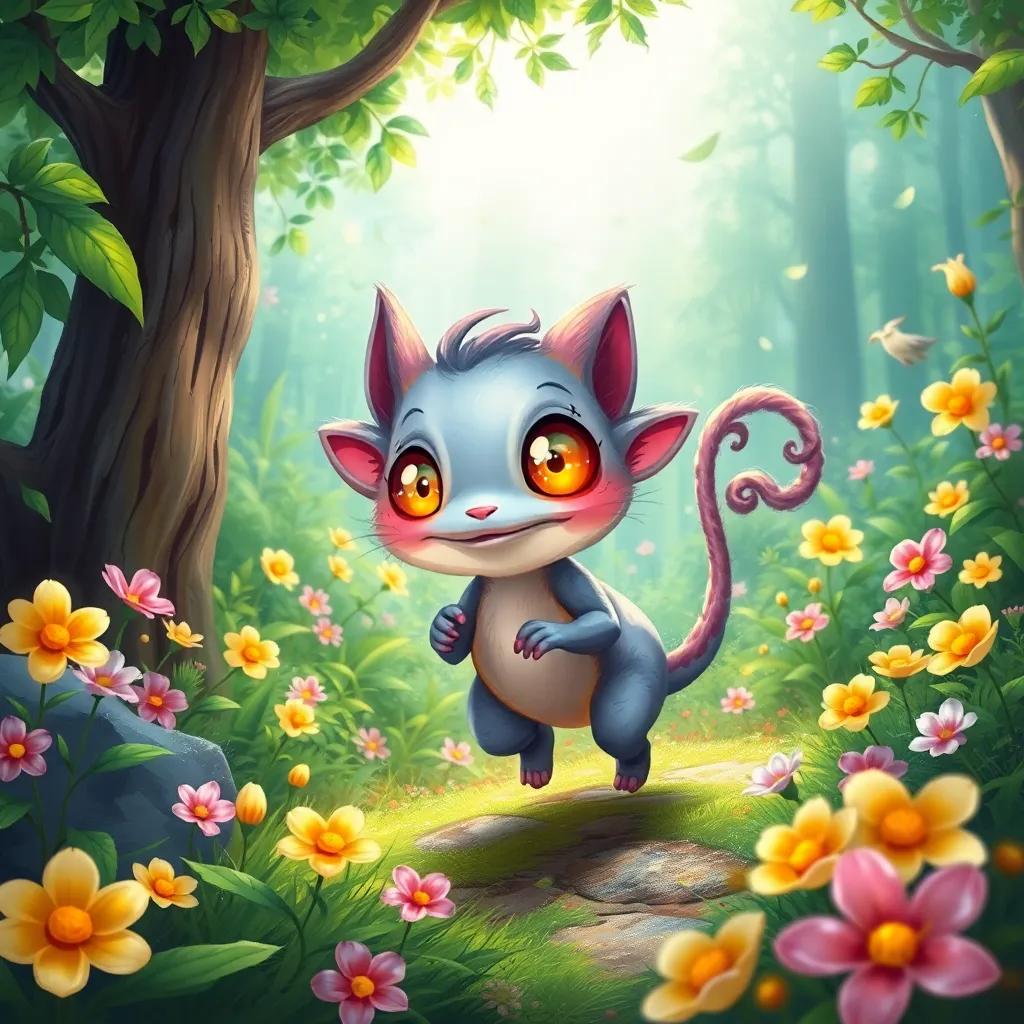 A peculiar creature, Jddjjdjdjrjr, with bright sparkling eyes and a curly tail, hopping around a vibrant magical forest, surrounded by lush greenery and colorful flowers, cheerful atmosphere, digital art, bright colors, whimsical, high quality