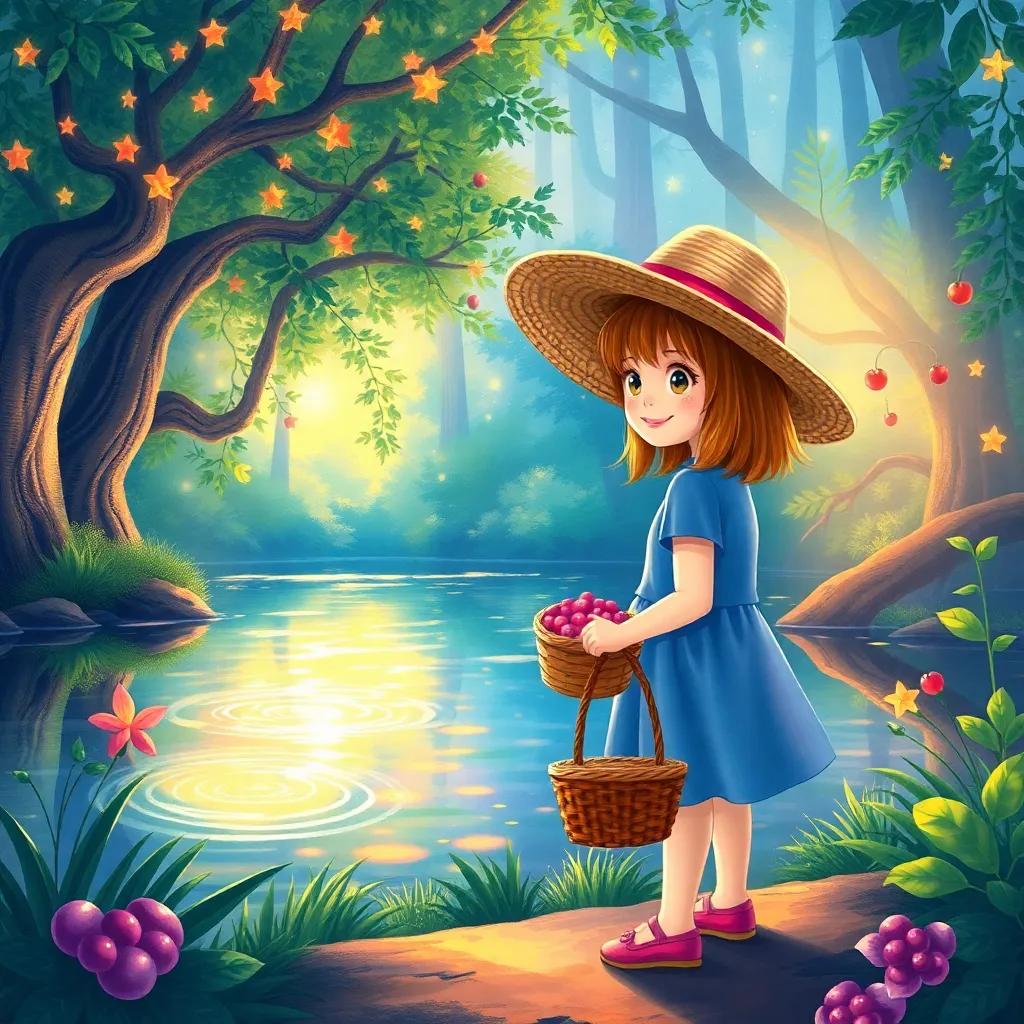 A young girl, Lucy, with a wide-brimmed hat and a basket of berries, standing by a shimmering pond in an Enchanted Grove, amazed by the colorful reflections, gentle light, enchanting scenery, illustration, vibrant colors, joyful, high quality