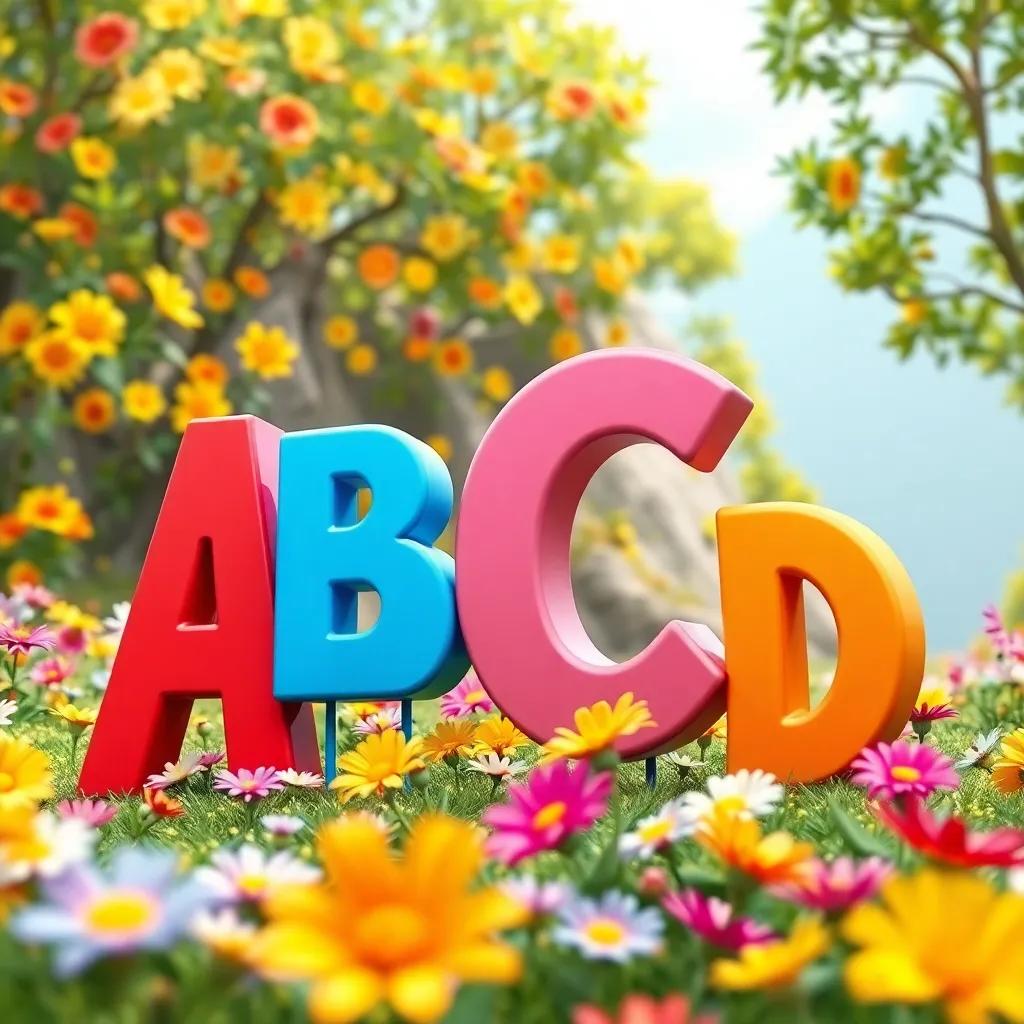 A group of letters A, B, C, and D, standing in the Valley of Vowels with bright flowers, with A leading and exciting expressions, animated style, colorful flowers swaying, joyful scene, cheerful and friendly tone, high quality