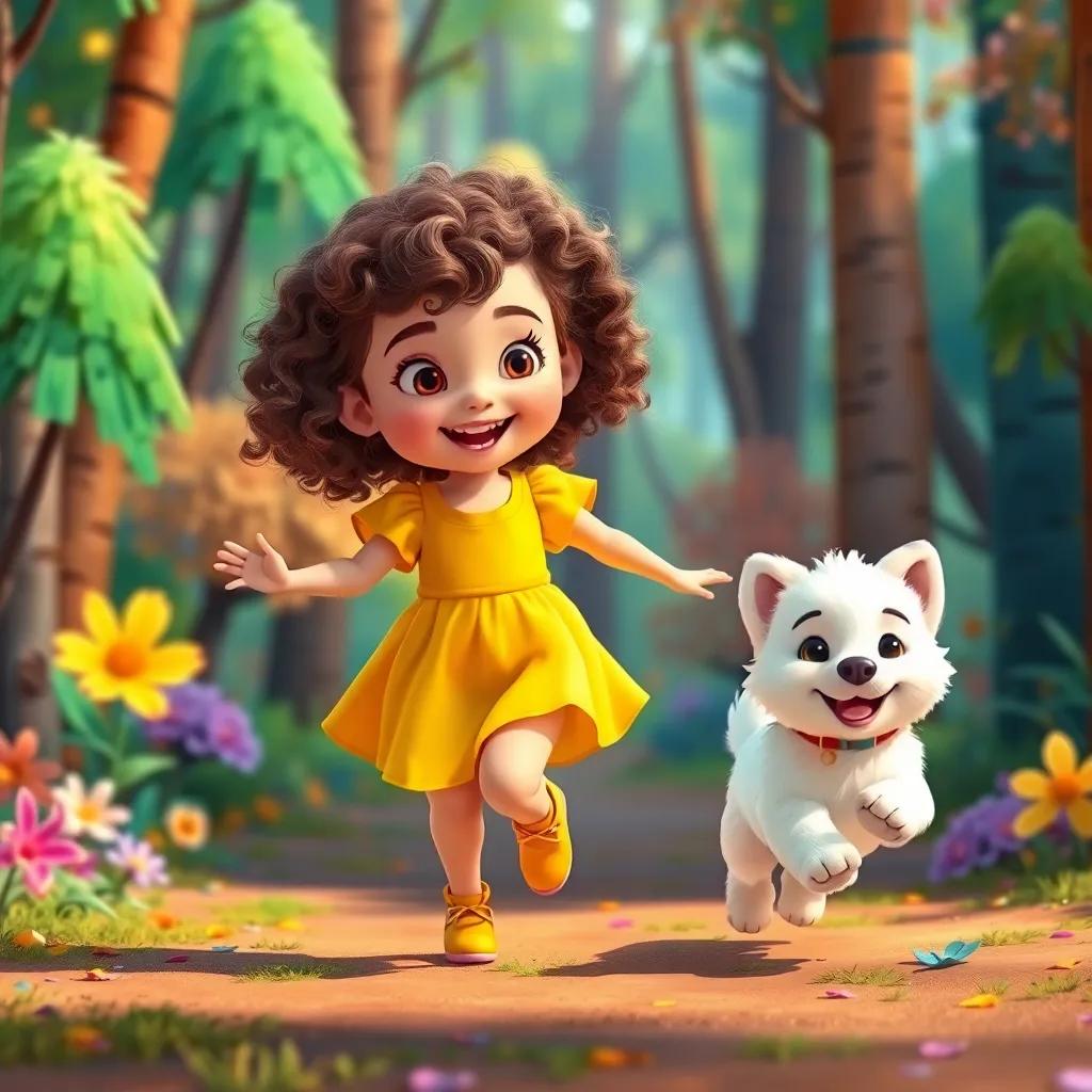 A little girl, Lila, with curly brown hair and wearing a bright yellow dress, happily skipping in a colorful forest with her fluffy white dog, Leo, digital art, bright colors, cheerful atmosphere, child-friendly