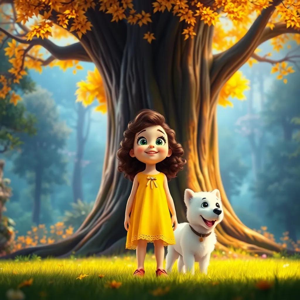 Lila, a little girl with curly brown hair in a bright yellow dress, standing in front of a giant tree with golden leaves, looking amazed, her fluffy white dog Leo beside her, colorful forest background, magical light, fantastic imagery, cheerful