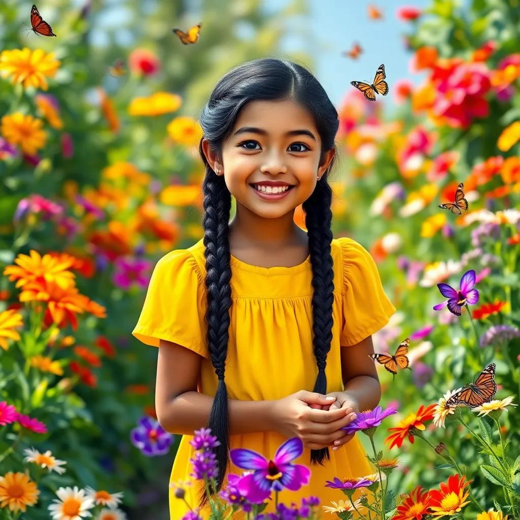 A cheerful 13-year-old Latina girl, Lila, with long black hair in braids, wearing a bright yellow dress, excitedly exploring a colorful garden filled with flowers and butterflies, digital art, vibrant colors, sunny atmosphere, high quality