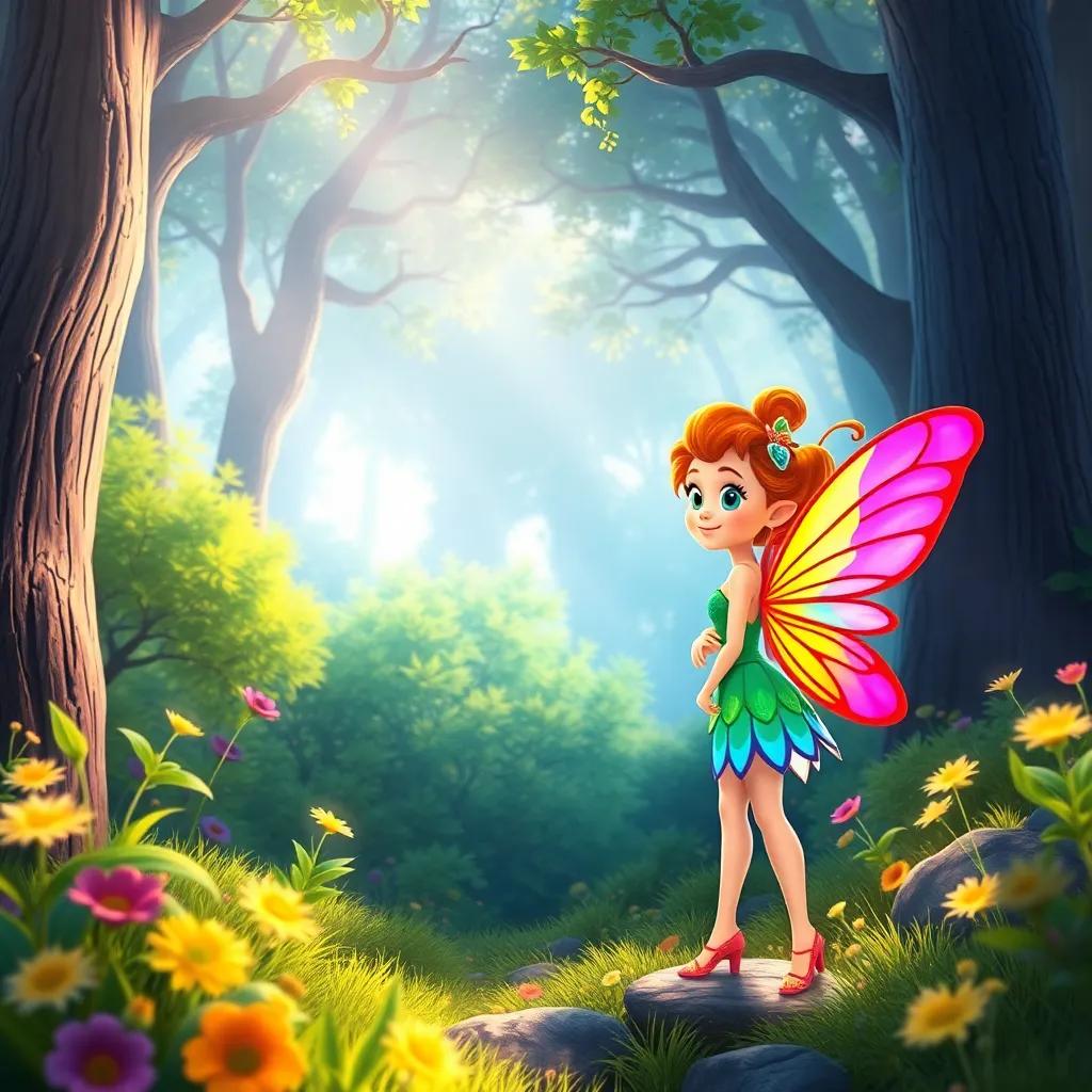 A bright sunny morning in a magical forest called Lumenwood, featuring Lira, a brave fairy with colorful rainbow wings, saying, 'Orin, let's go find the Moonflower!'. Digital art, cheerful, vibrant colors, enchanting atmosphere, high quality.
