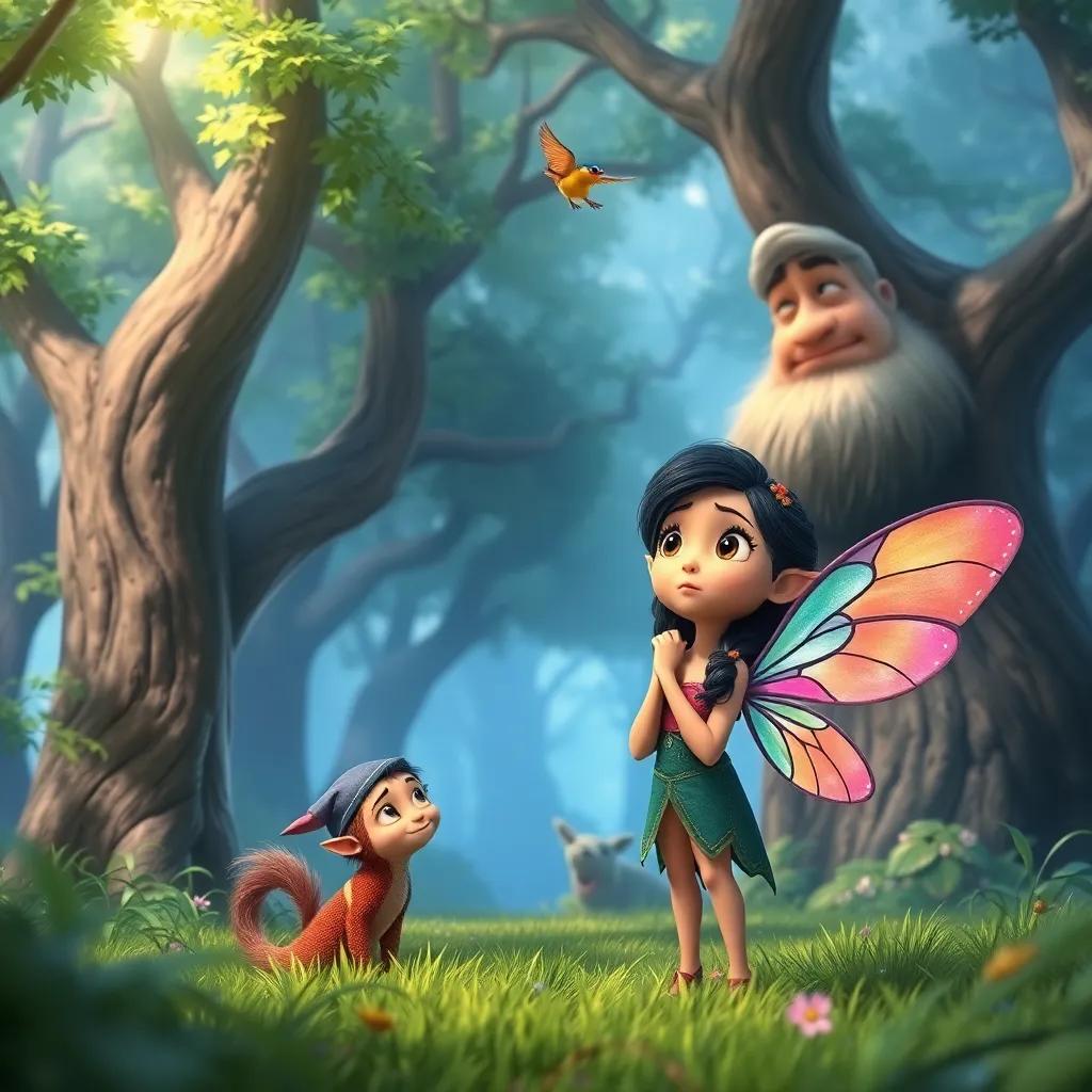 A mystical forest with whispering trees, where Lira hears a little bird. Depict Lira with colorful wings, listening intently, with Orin, a mischievous elf wearing a cap, and Grimble, a kind giant behind them. Digital art, magical, lush greens, inviting perspective, high quality.