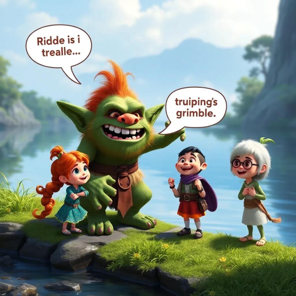 A riddle-spouting troll, playfully challenging Lira, Orin, and Grimble at the edge of the river. The friends look excited and curious, with the troll smiling with anticipation. Digital art, fun and engaging, colorful, adventurous, high quality.