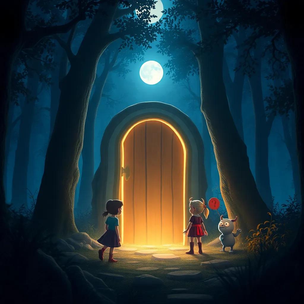 A hidden glowing door beneath moonlight in the forest, with Lira, Orin, and Grimble peeking inside in wonder. The scene is magical and inviting, hinting at secrets beyond. Digital art, mysterious, beautiful lighting, high quality.