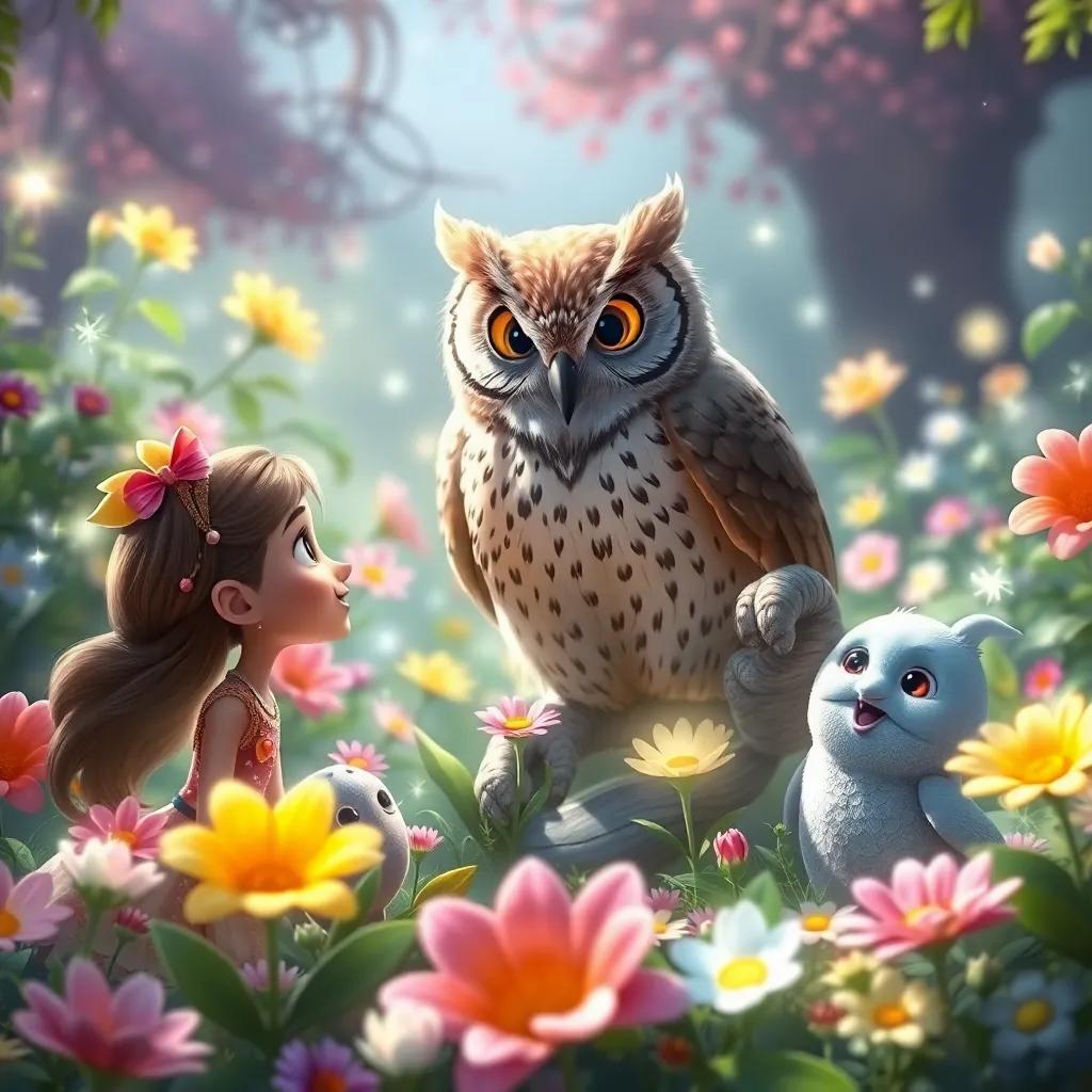 An enchanting garden with sparkling flowers, featuring the wise old owl speaking to Lira, Orin, and Grimble. They look eager and curious, surrounded by colorful blooms. Digital art, radiant, orginal, highly detailed, high quality.