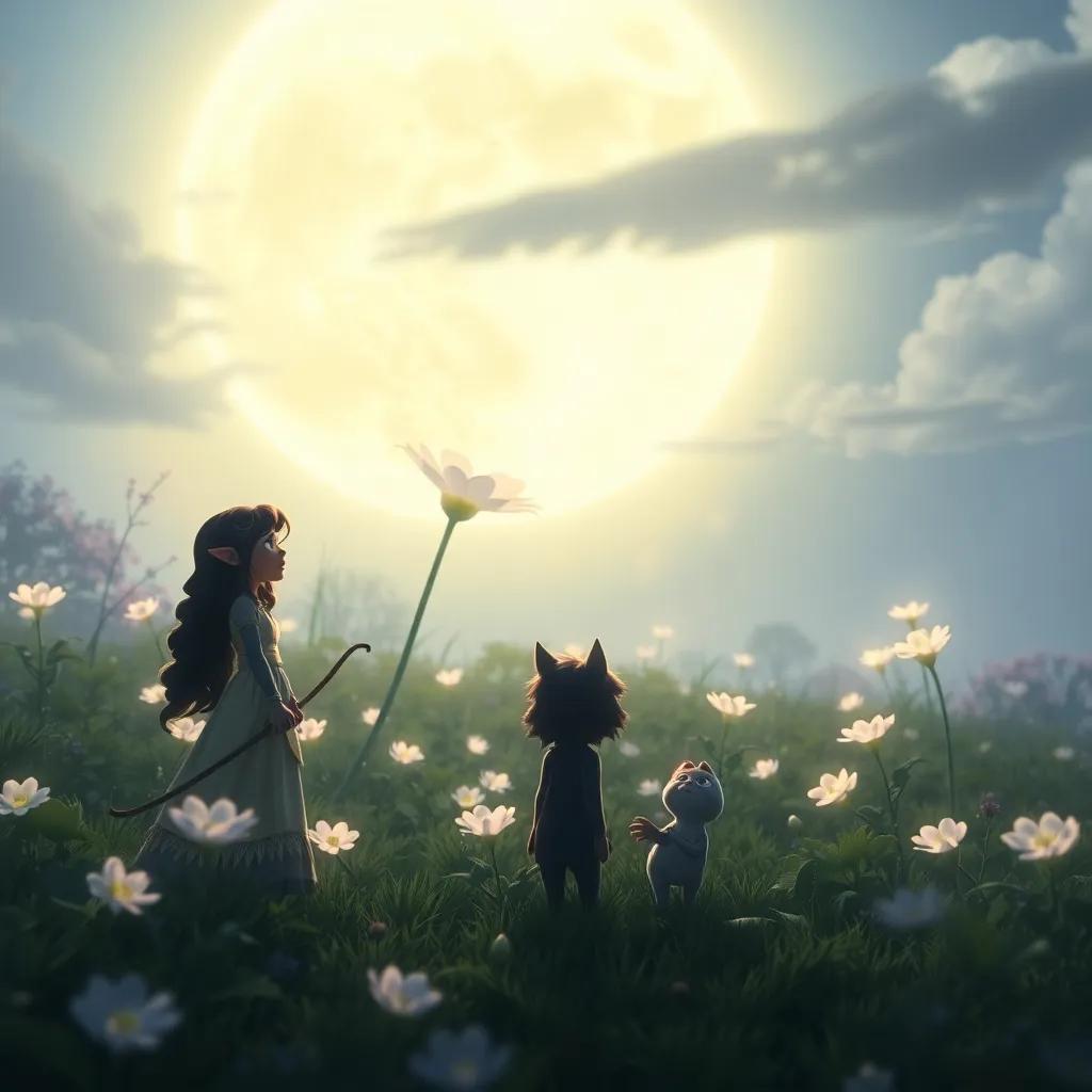 A beautiful moonlit clearing where the Moonflower blooms, with Lira gasping and Grimble whispering in awe. Orin stands beside them, excited. The atmosphere is magical and dreamy. Digital art, luminous, peaceful, high quality.