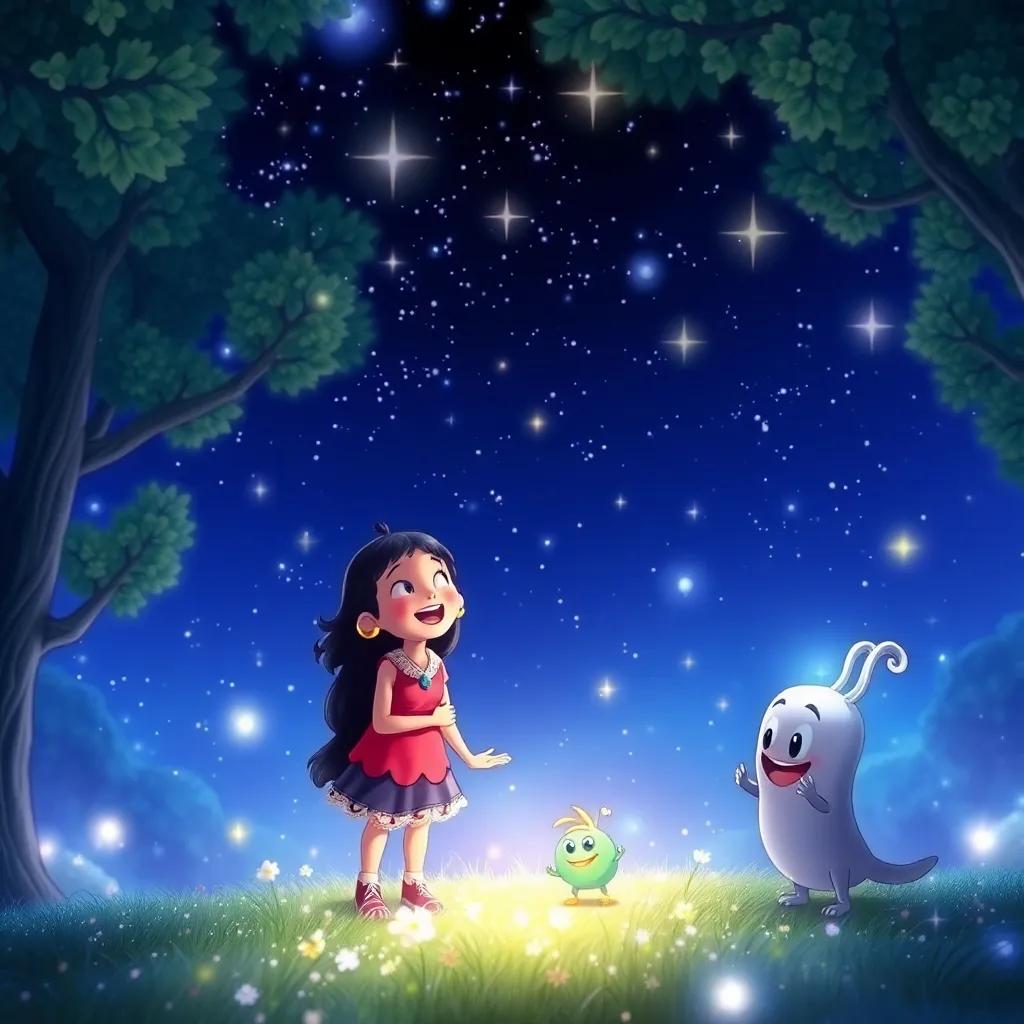 Lumenwood filled with sparkling magic under a starry sky, showing Lira, Orin, and Grimble rejoicing together, having made their wish. The scene is filled with light and friendship. Digital art, uplifting, bright colors, joyful and heartwarming, high quality.