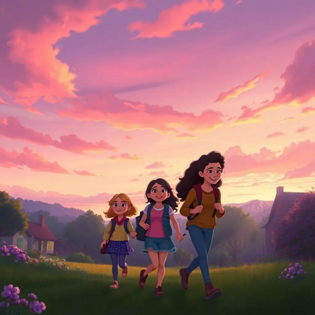 A beautiful sunset sky painting with shades of pink and purple over Lumenwood as the friends walk home together, sharing laughter and stories. The mood is happy and whimsical. Digital art, soft colors, inviting evening scene, high quality.