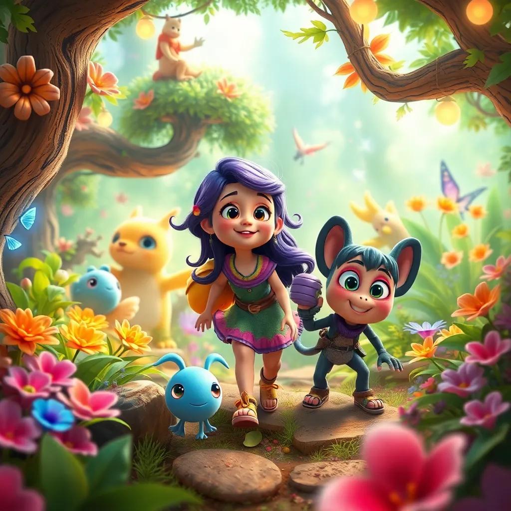 Lira, Orin, and Grimble playfully exploring Lumenwood, with fantasy creatures in the background, filled with colorful plants and magical elements. Digital art, enchanting, bright and vibrant, full of life, high quality.
