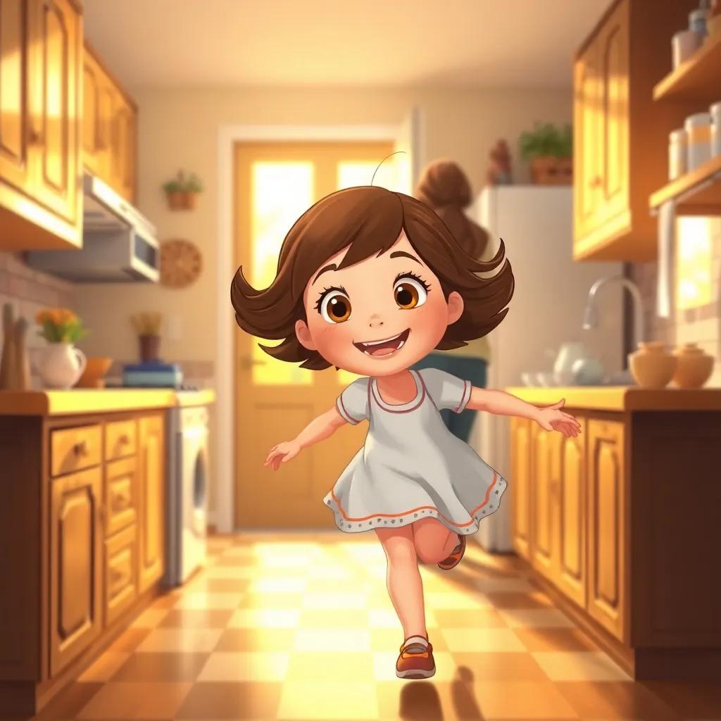A 6-year-old girl, Mia, with brown hair and brown eyes, happily running towards her mother in a cozy kitchen, sunlight shining through the window, warm colors, cheerful atmosphere, digital art, high quality