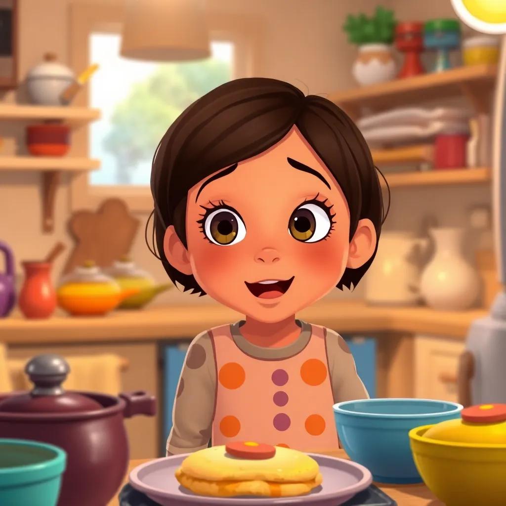 Mia, a 6-year-old girl with brown hair and brown eyes, looking excitedly at pancakes being made by her mother in a cozy kitchen, colorful kitchenware around, inviting light, illustration, heartwarming, vibrant colors